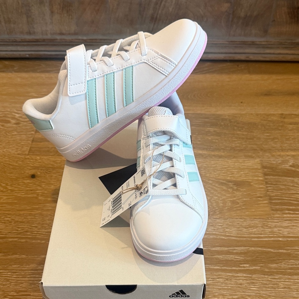 adidas | Kids Girls White Sneakers with Mint Green Stripes and Pink Accents